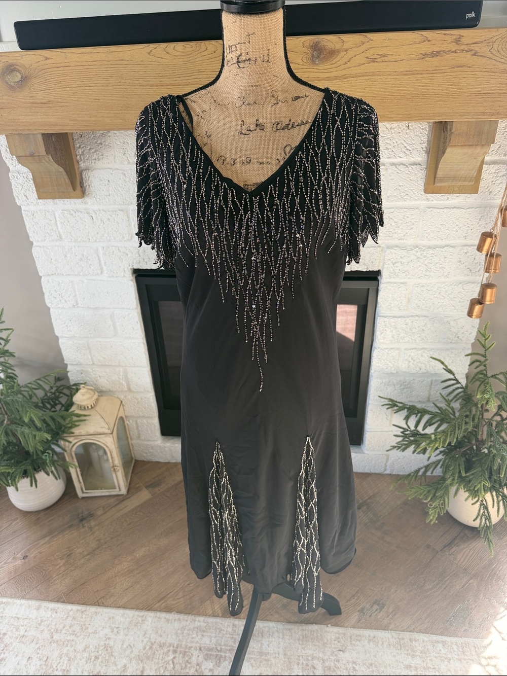J Kara Black Beaded Fringe Midi Dress